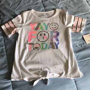 SO Top Girls Size 14 White "Yay for Today" Short Sleeve Knot Tie NWT